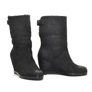 Eileen Fisher Glad Shearling Lined Fold Over Wedge Boots Black Nubuck Leather 10